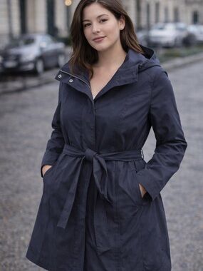 Women’s Navy Belted Trench Coat with Hood - Cloud Veil